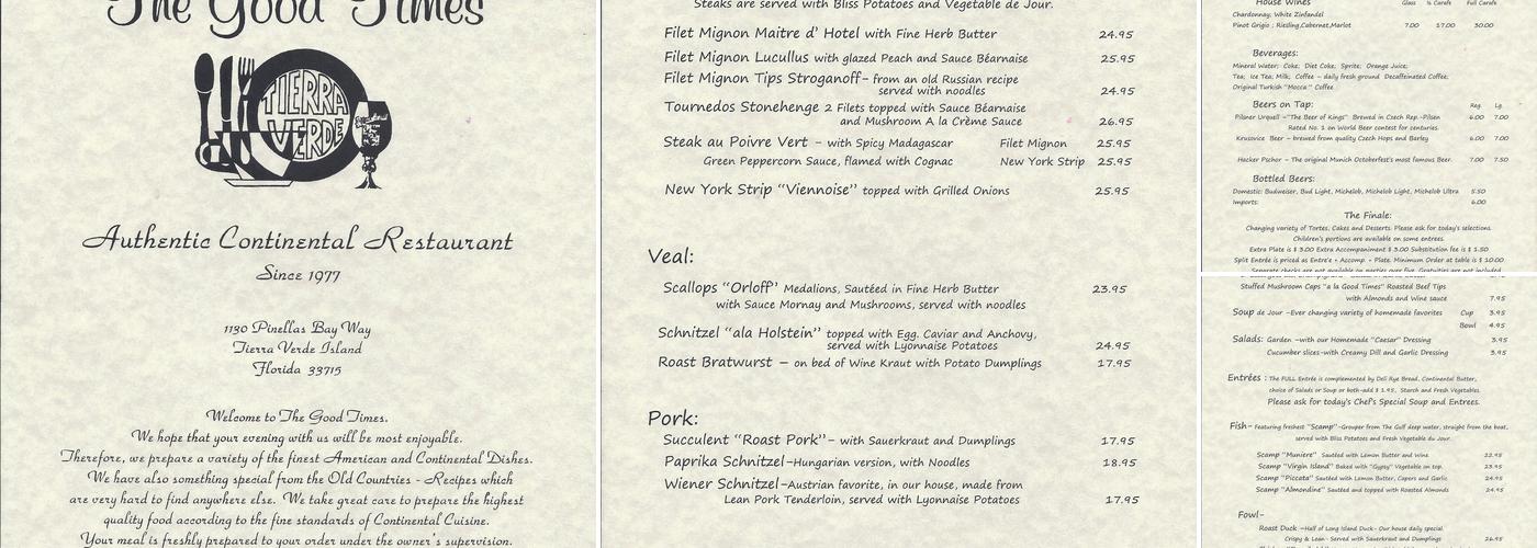 Good Times Continental Restaurant Menu