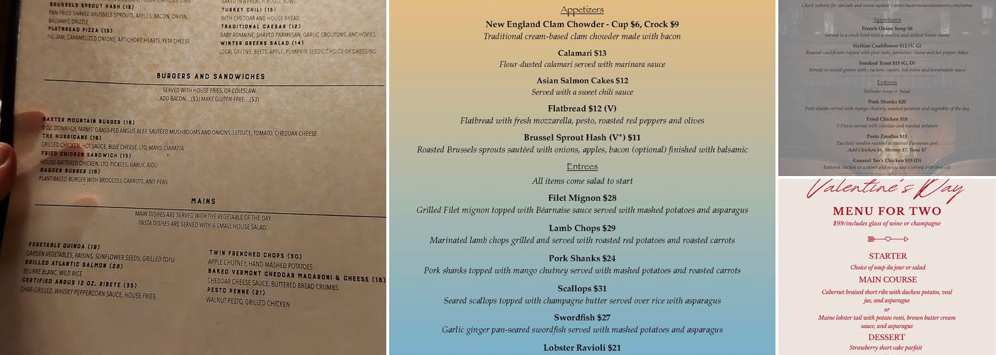 Baxter Mountain Tavern Menu