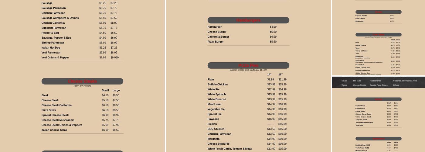 Reye's Pizza Menu