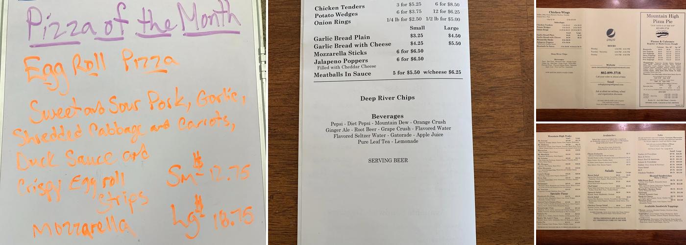 Mountain High Pizza Pie Menu