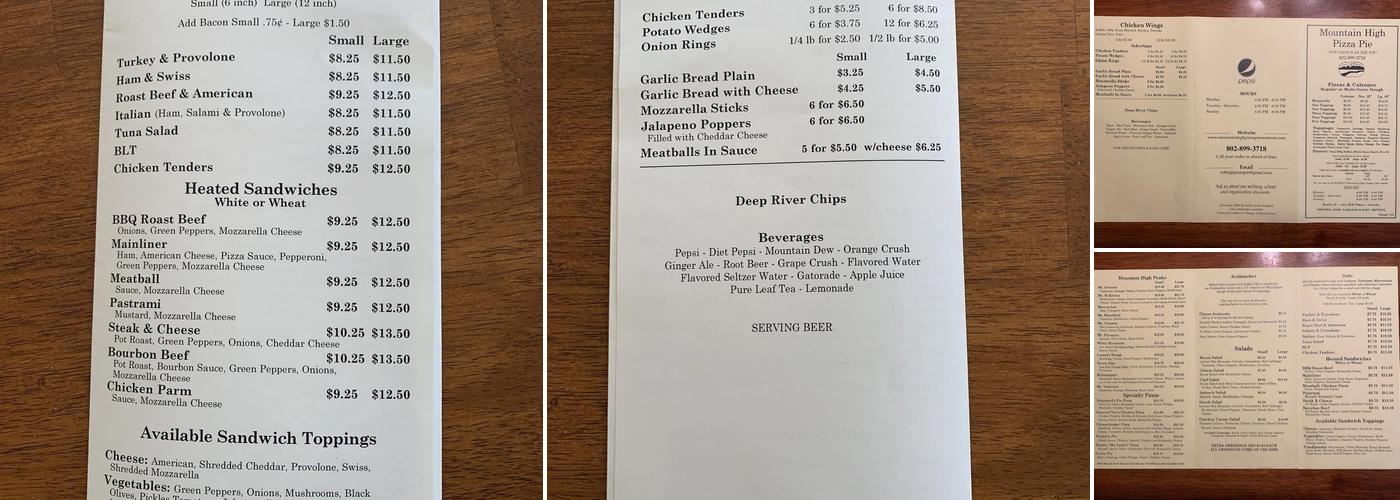 Mountain High Pizza Pie Menu