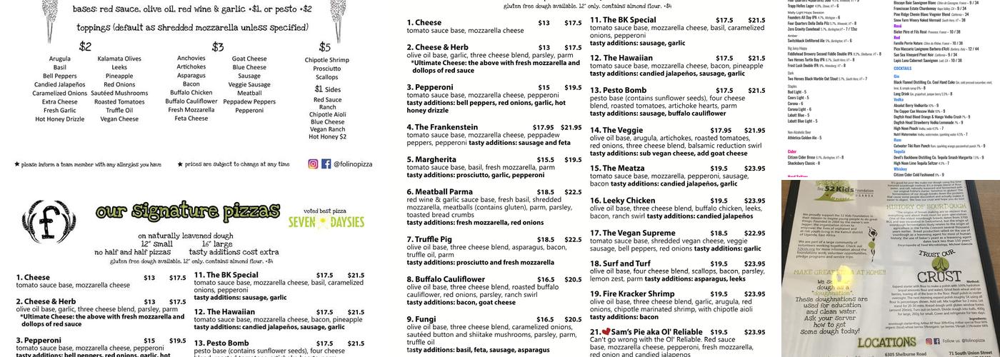 Folino's Pizza, Shelburne Menu