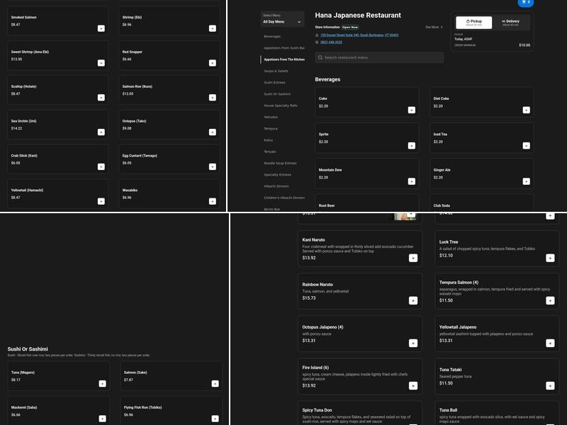 HANA Japanese Restaurant Menu