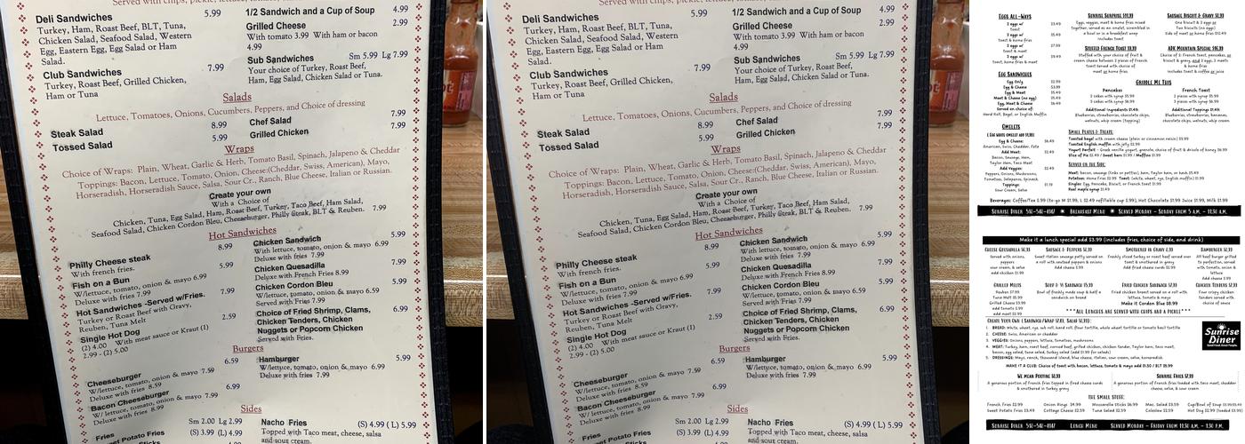 Sunrise Diner Menu