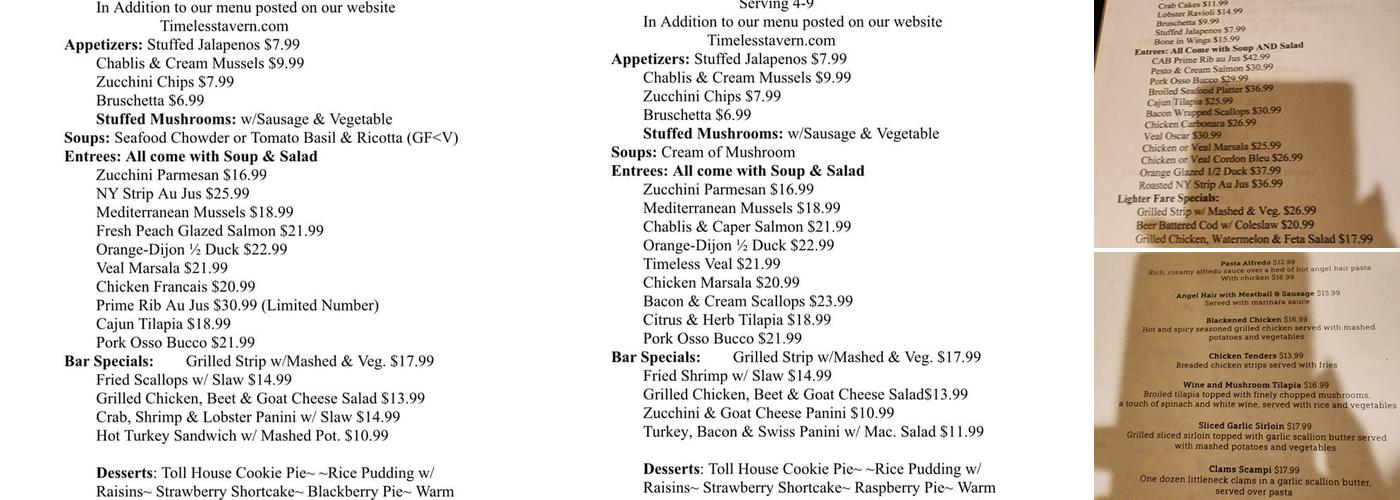 Timeless Tavern Menu