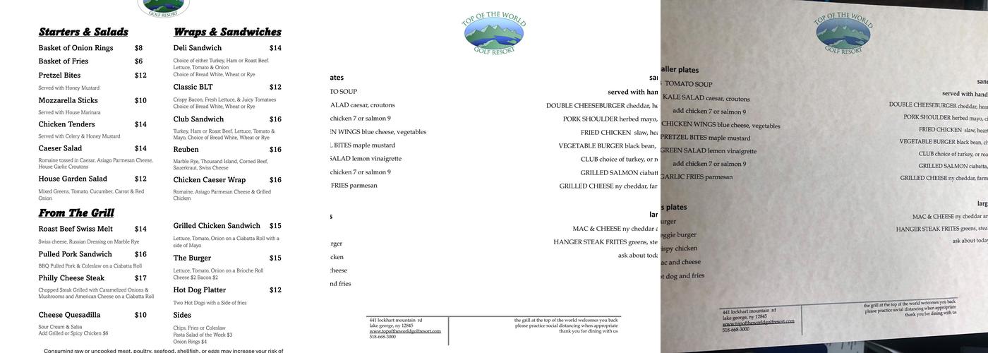 Top of the World Restaurant and Grill Menu