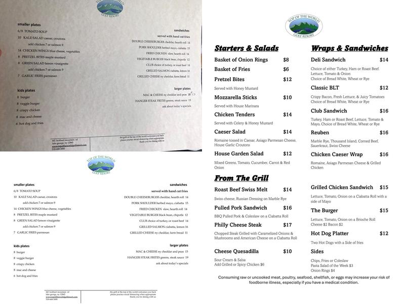 Top of the World Restaurant and Grill Menu