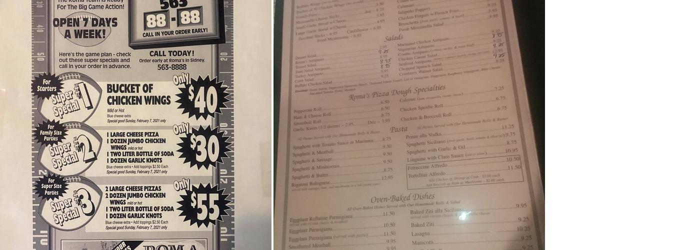 Roma Ristorante & Pizzeria Menu