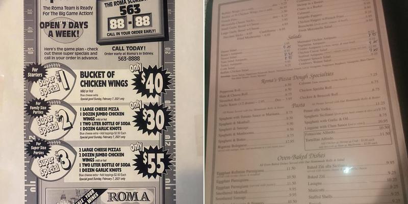 Roma Ristorante & Pizzeria Menu