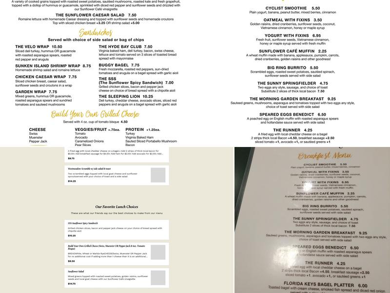 Sunflower Cafe Menu