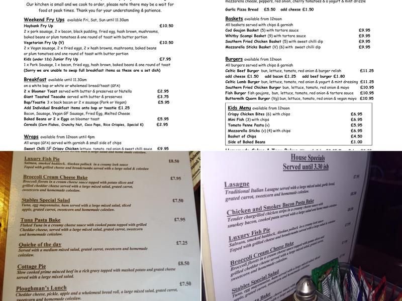 Stables Coffee Shop Menu