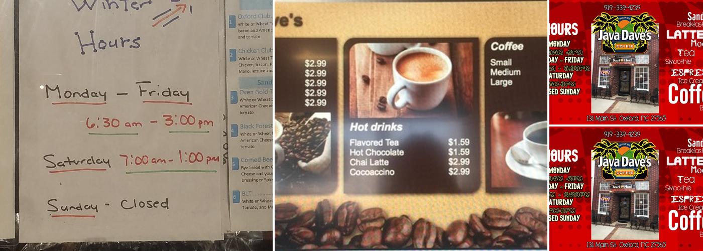 Java Dave's Cafe Menu