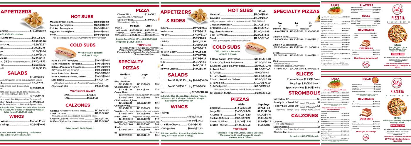 Sal's Pizzeria Menu