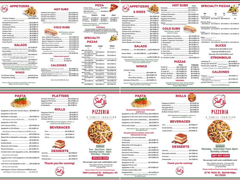 Sal's Pizzeria Menu