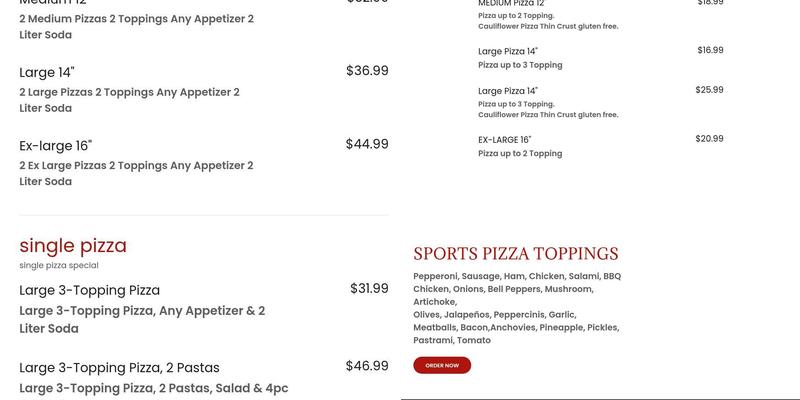 Sports Pizza Menu