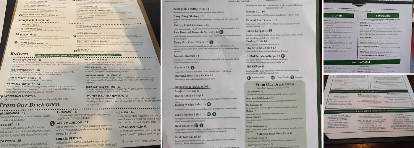 Jake's on the Water Menu