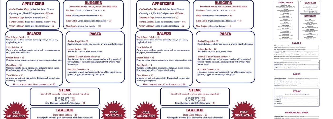 Maxfields Menu