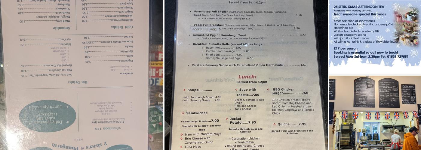 2 Sisters Cafe at Plumgarths Menu