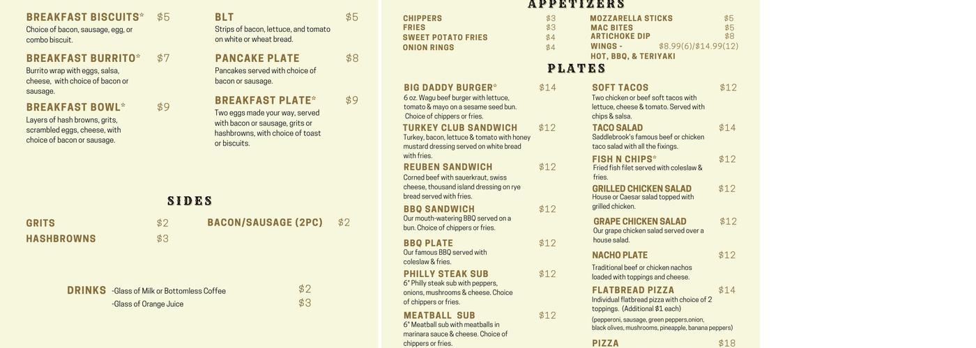 Saddlebrook Grill Menu