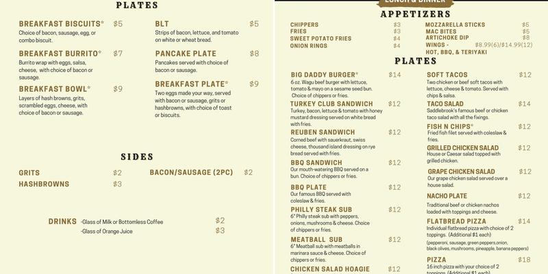 Saddlebrook Grill Menu