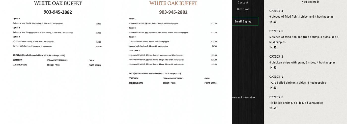 White Oak Buffet Menu