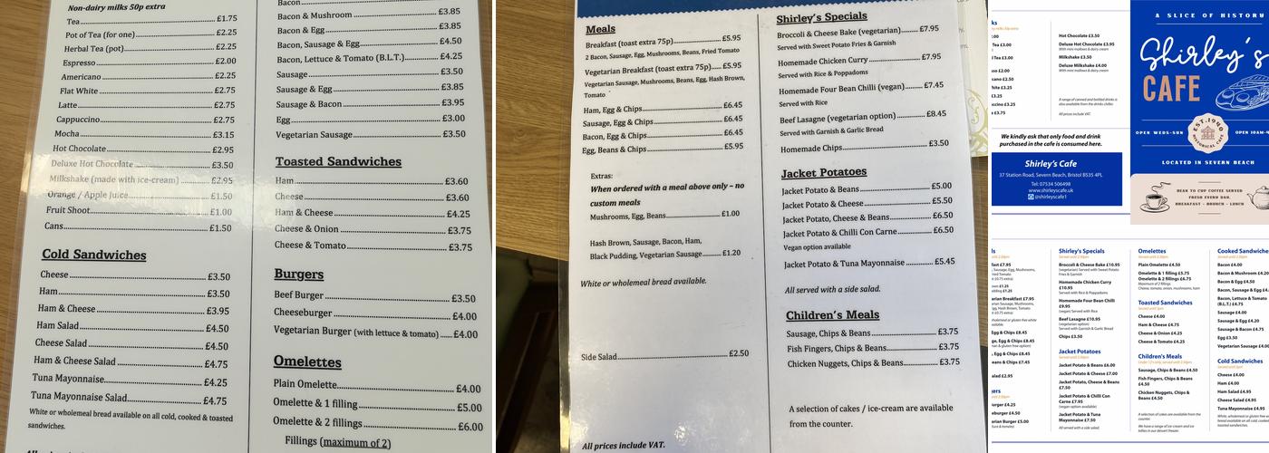 Shirley's Cafe Menu