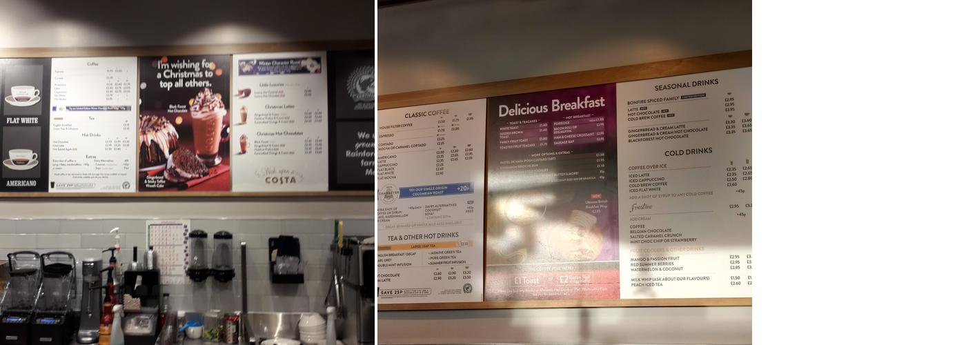Costa Coffee Menu