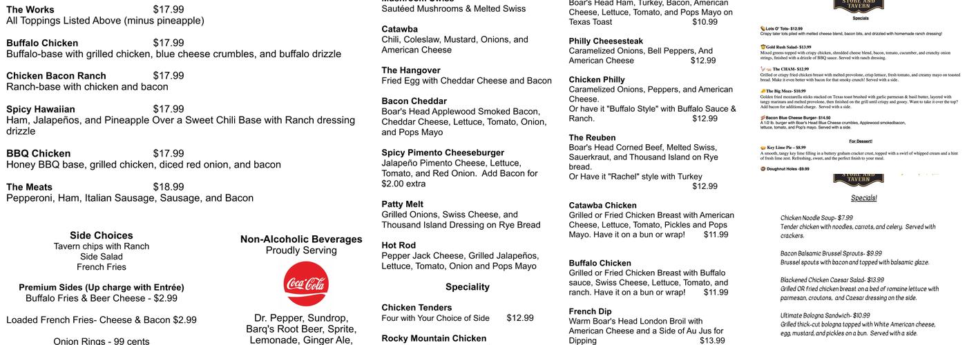 Pop's Old Company Store and Tavern Menu