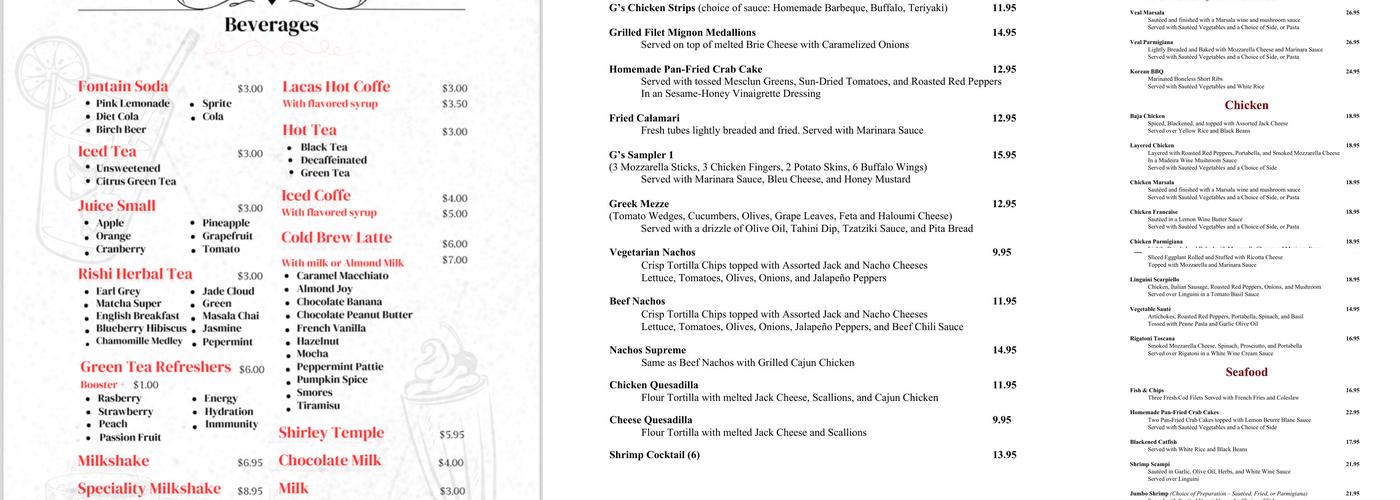 G's Restaurant Menu