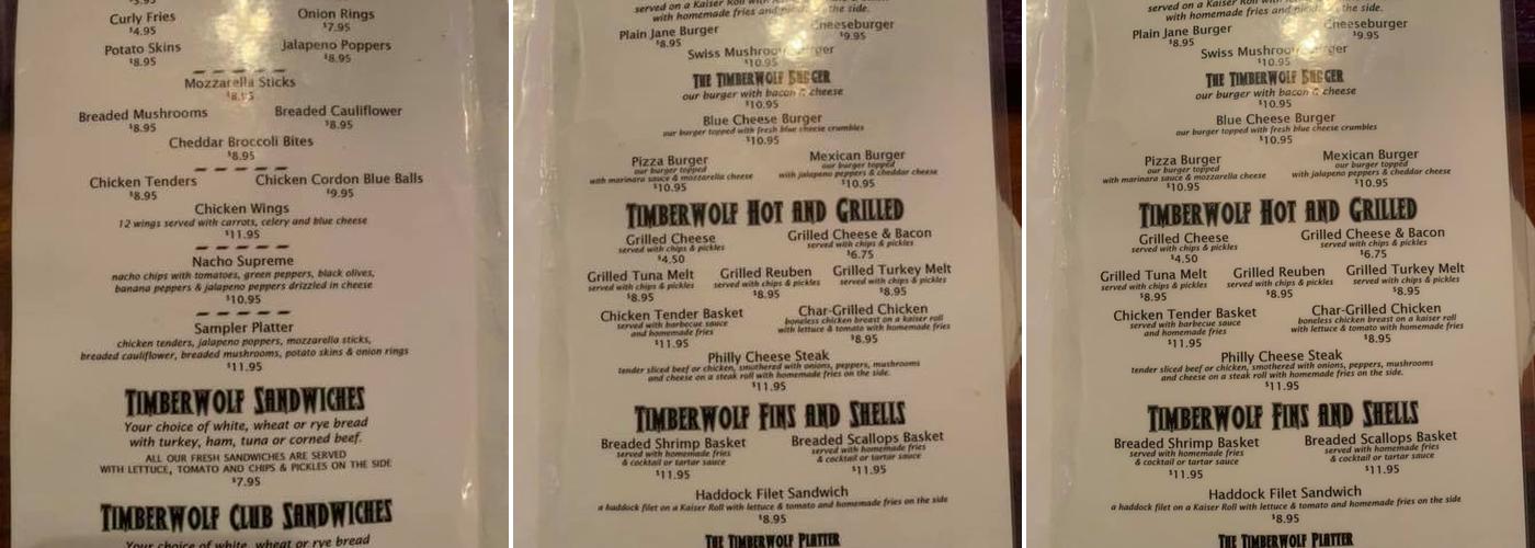 Timberwolf Pub Menu