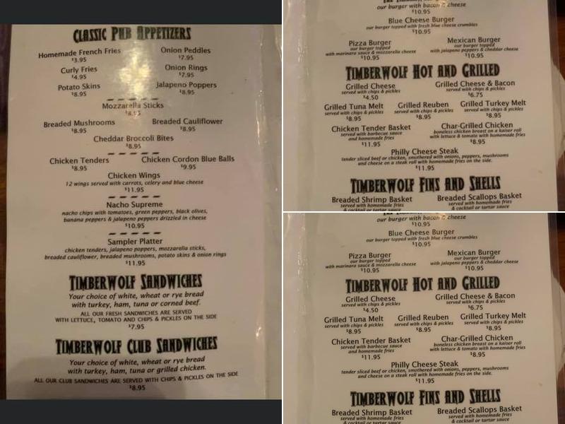 Timberwolf Pub Menu