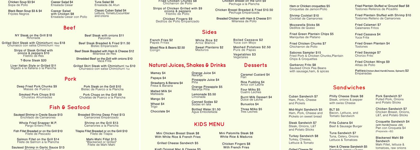 Sabores Restaurant Menu