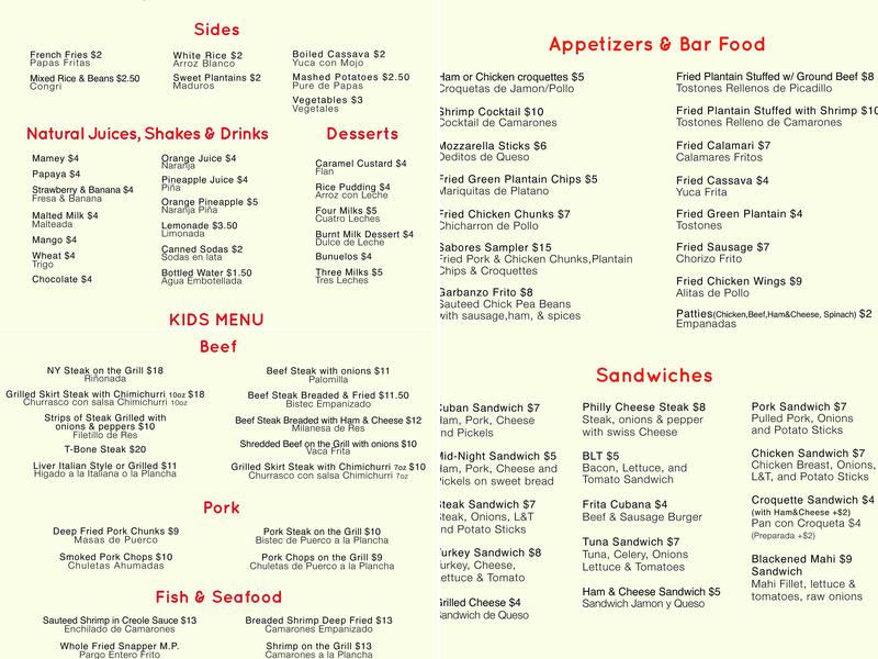 Sabores Restaurant Menu
