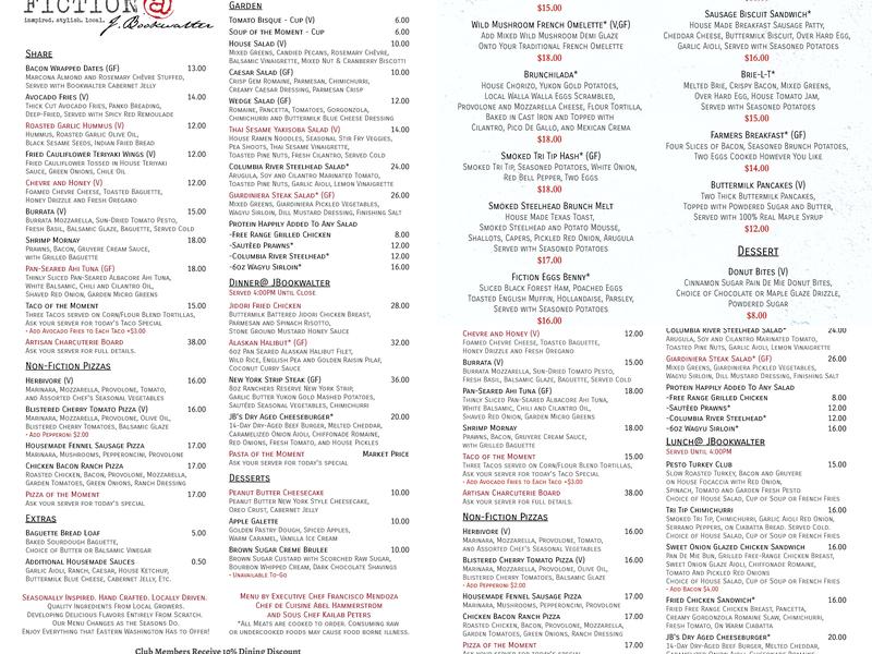 J. Bookwalter Winery & Richland Tasting Room Menu
