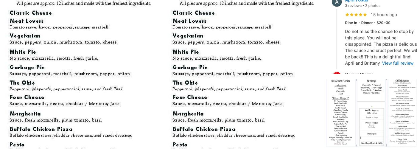 Corner Piazza Menu