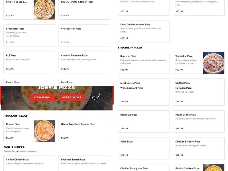 Joey's Pizza Menu