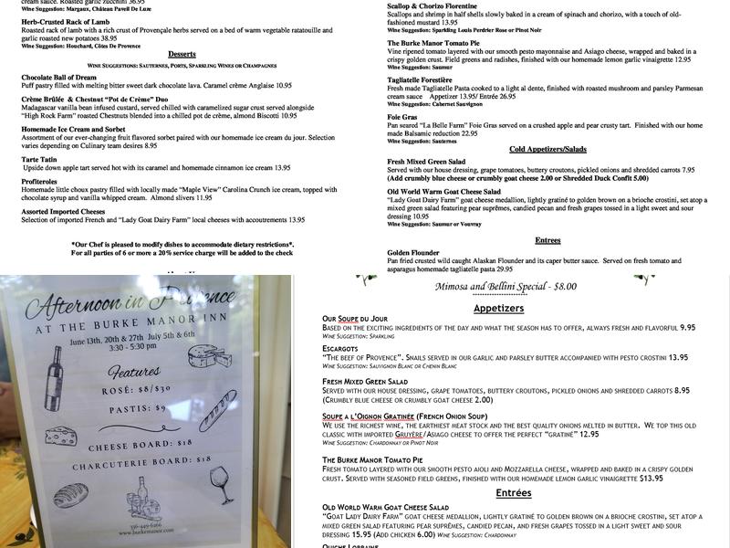 Burke Manor Inn & Pavilion Menu