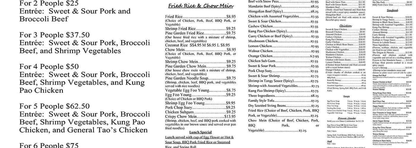 Pine Garden Restaurant Menu