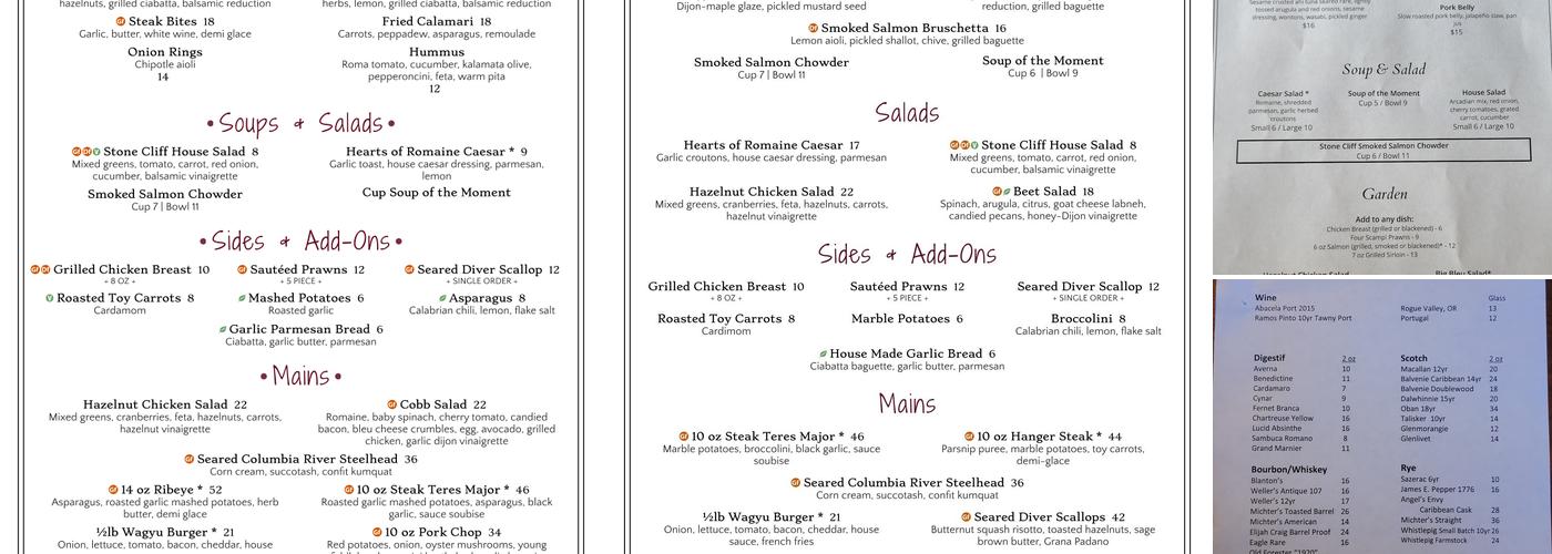 Stone Cliff Inn Menu