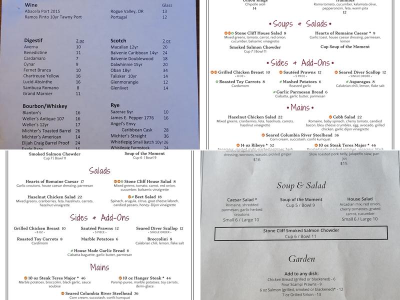Stone Cliff Inn Menu