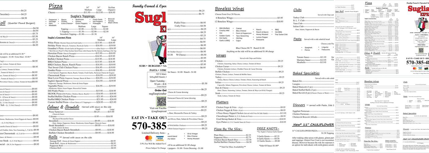 Suglia's in Schuylkill Haven Menu