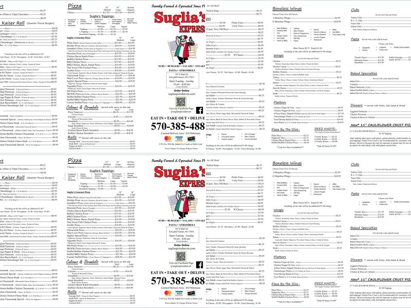 Suglia's in Schuylkill Haven Menu