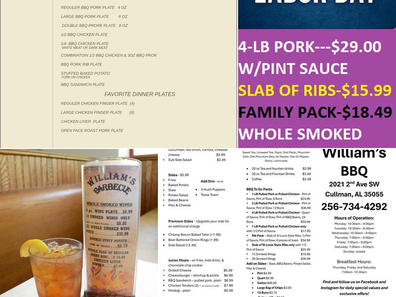 Williams Barbecue Menu