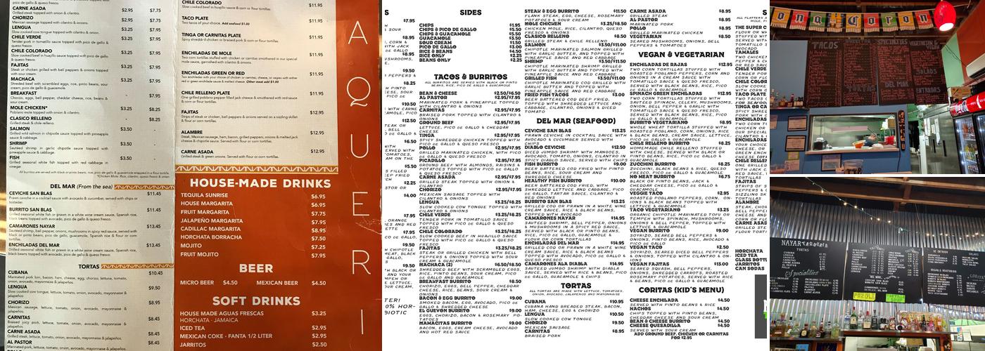 Nayar Taqueria Menu