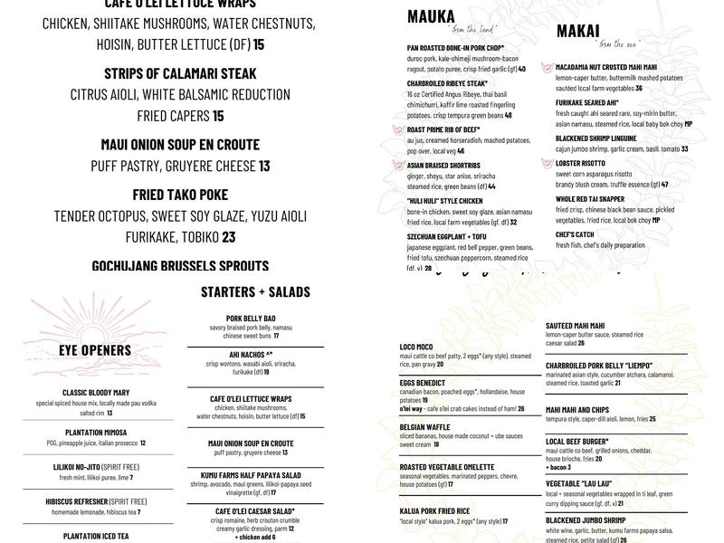 Cafe O'Lei Kihei Menu