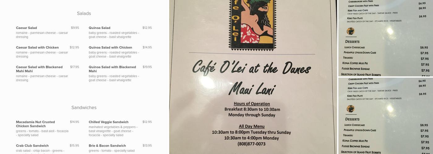 Cafe O'Lei At the Dunes Menu
