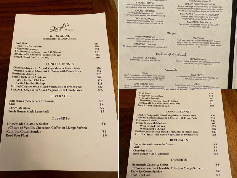 Longhi's Wailea Menu