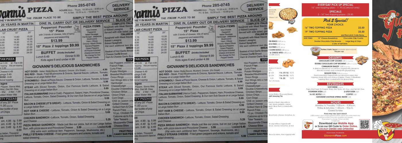 Giovanni's Pizza Menu