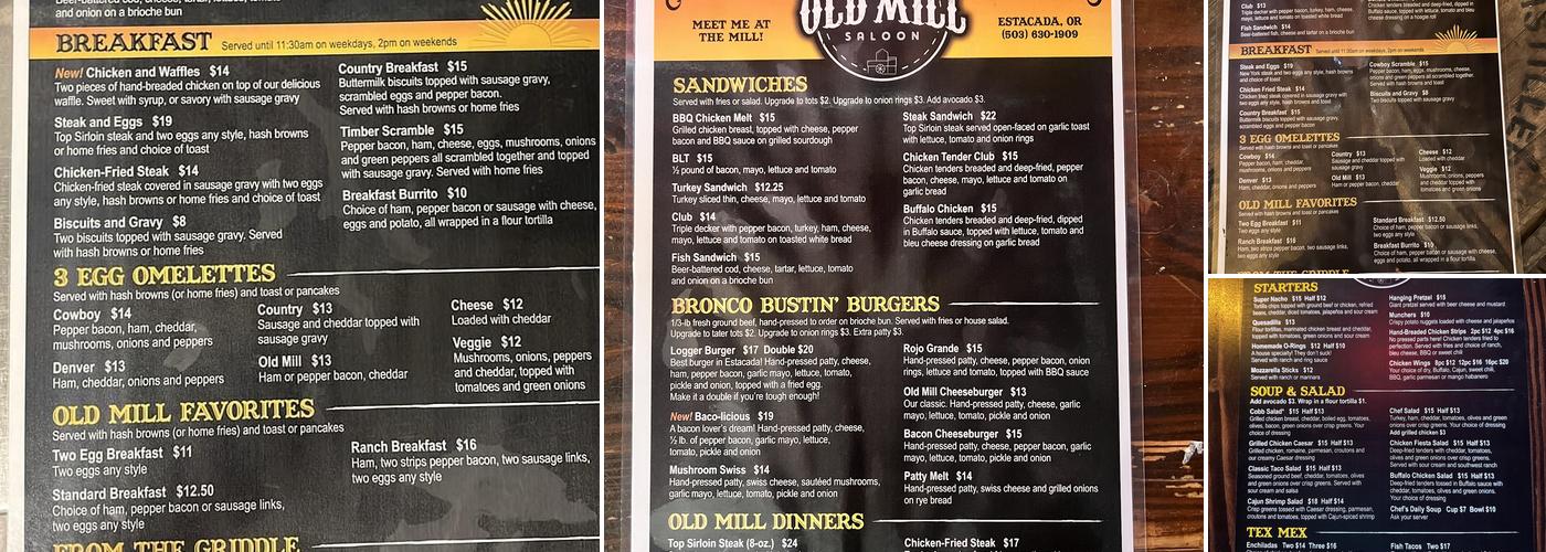 The Old Mill Saloon Menu