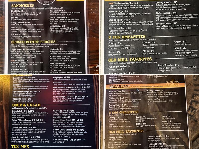 The Old Mill Saloon Menu